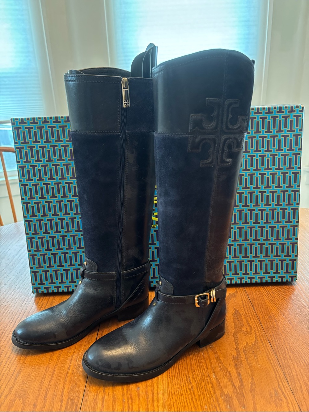 Tory Burch Black Leather Boots with Gold-Tone Accent